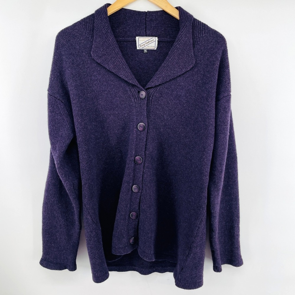 VTG Kerry Traditions Wool Cardigan Sweater Women XL Purple Shawl Collar Button